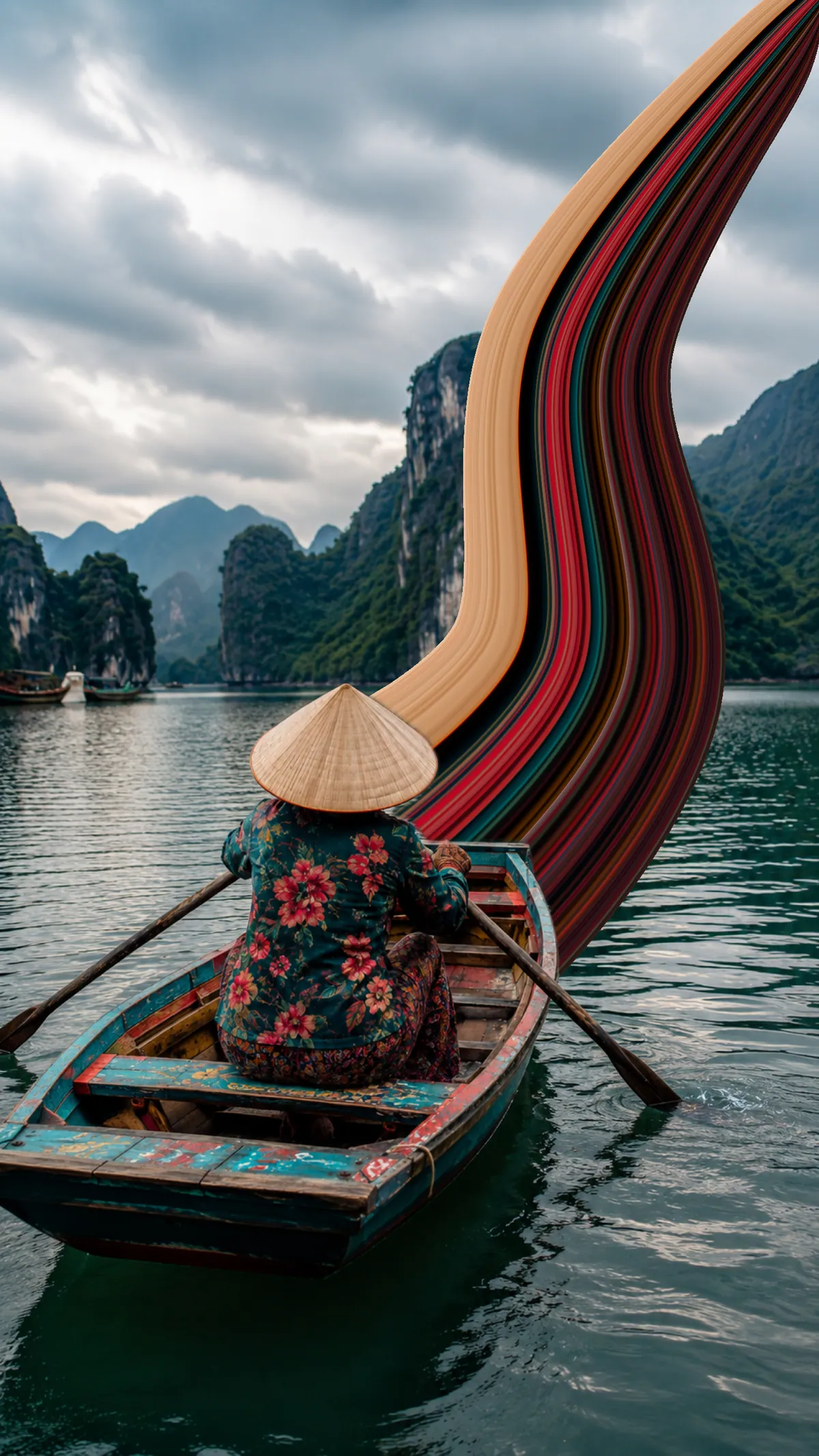 Pixel stretch example of a woman on a boat, dress colors flowing over the water