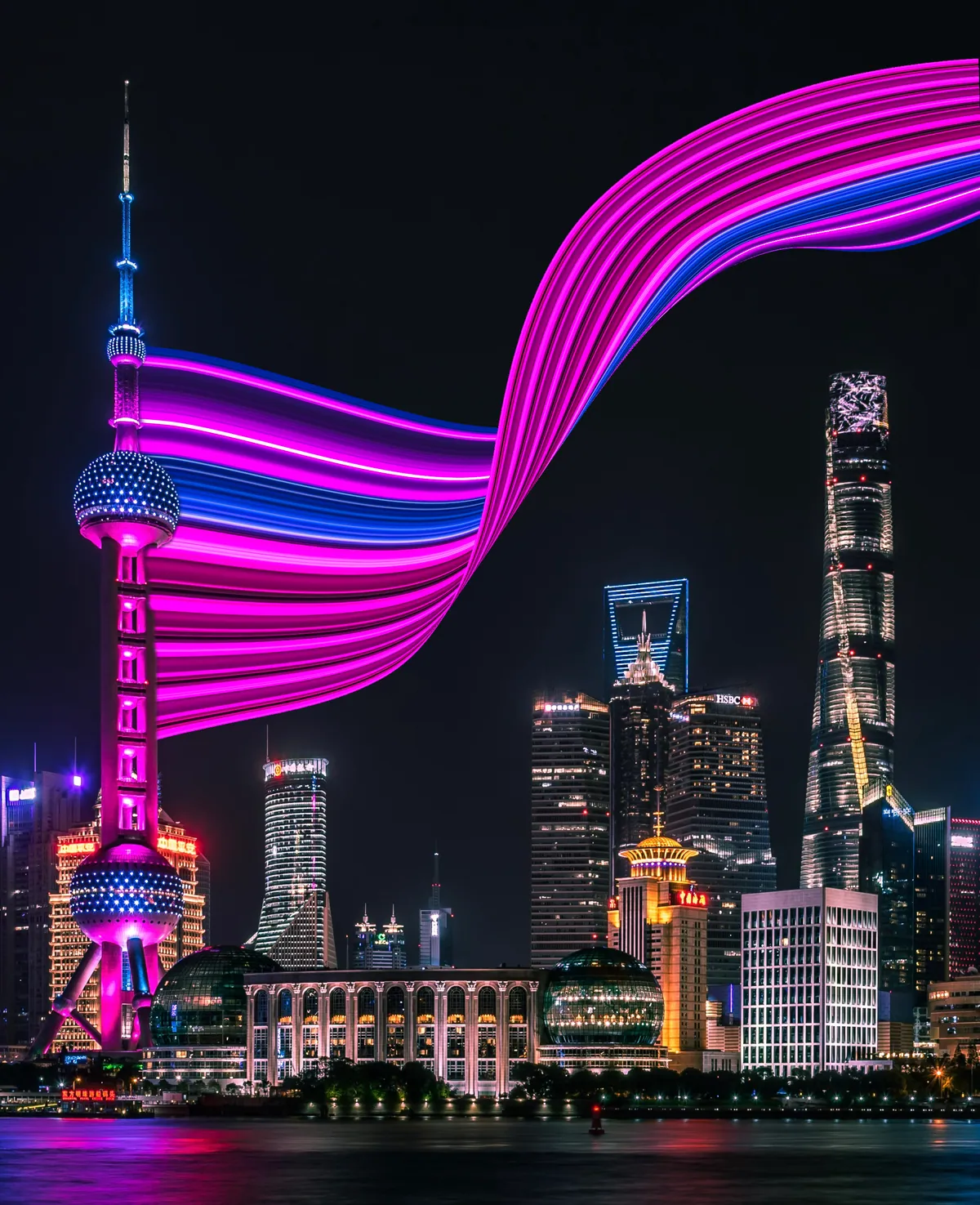 Pixel stretch example on the Shanghai skyline, city lights pulled up into the sky