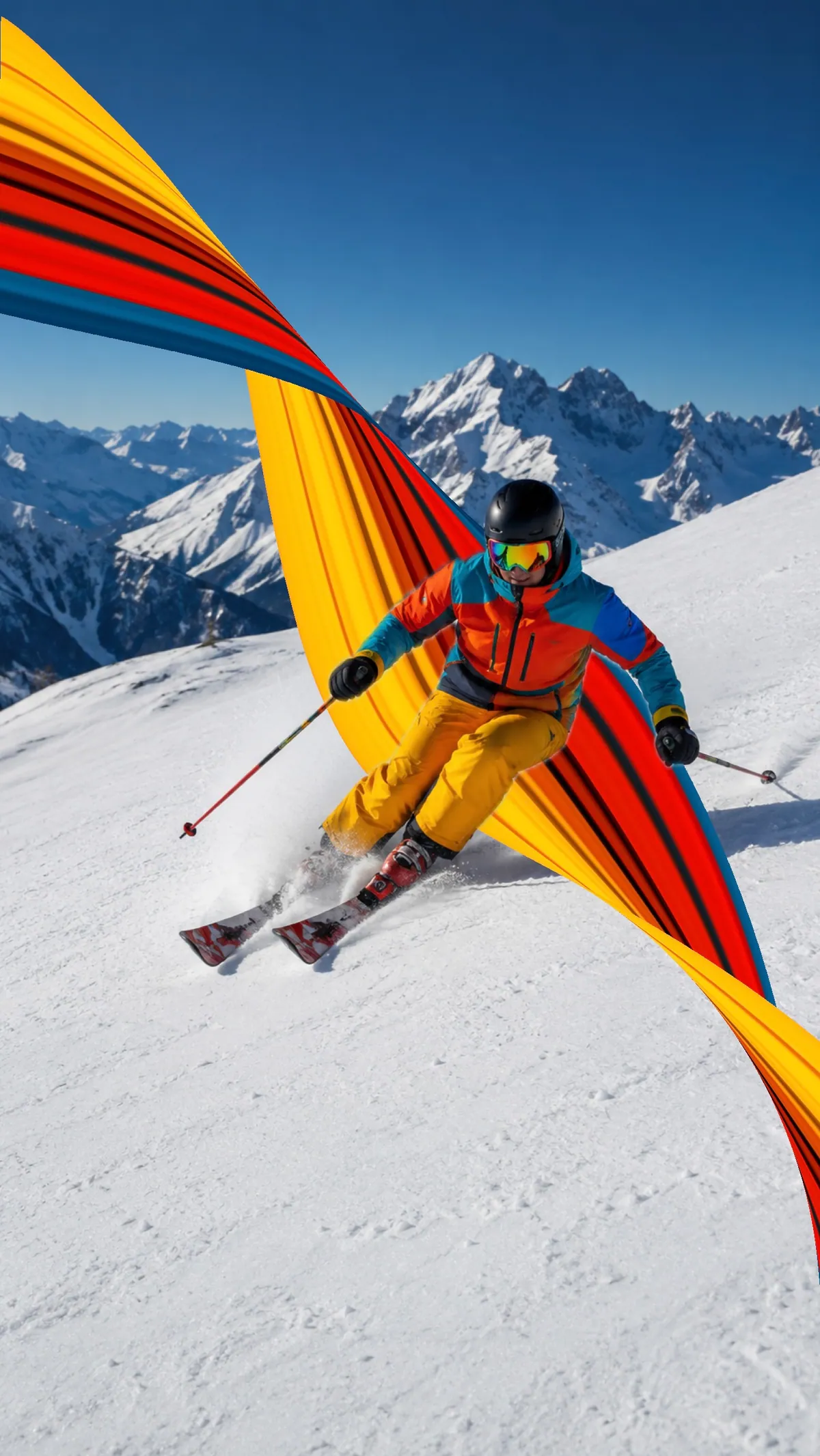 Pixel stretch example on a skier, jacket colors stretched back up the slope
