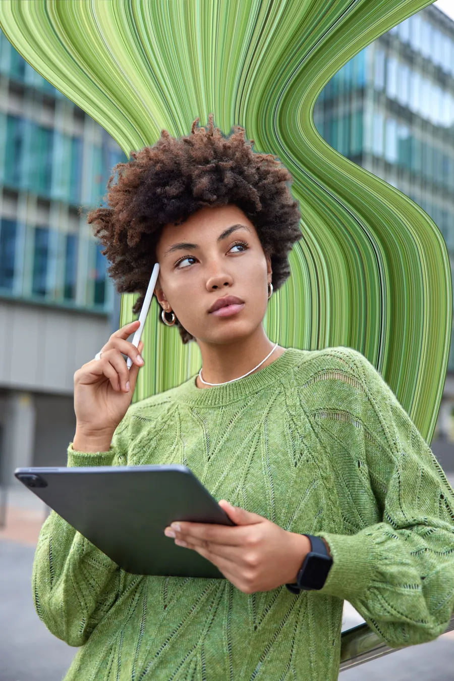 Pixel stretch portrait example: a woman's green sweater stretched into a striped ribbon rising behind her