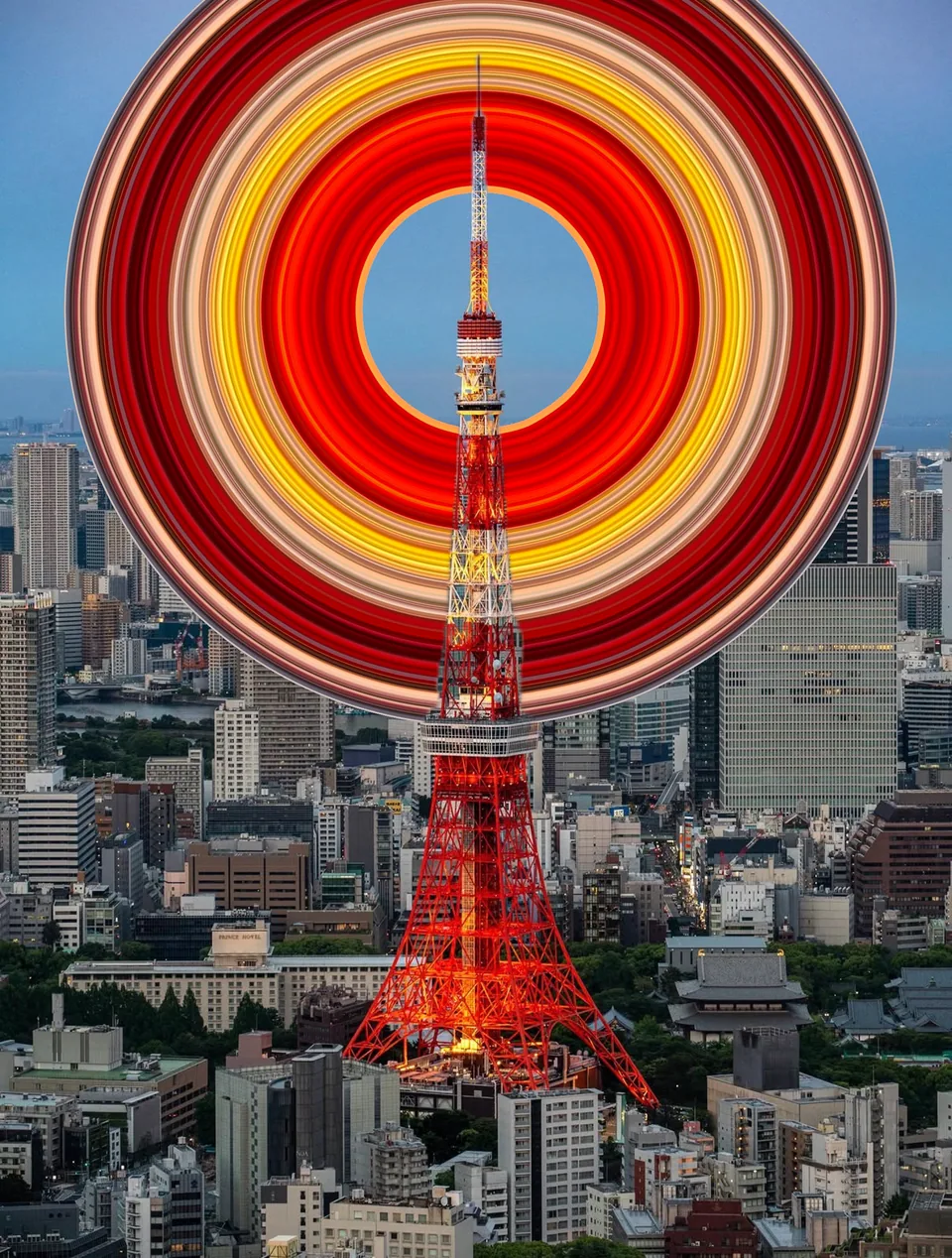 Tokyo Tower photo with a circular red and gold pixel stretch made using the Round preset