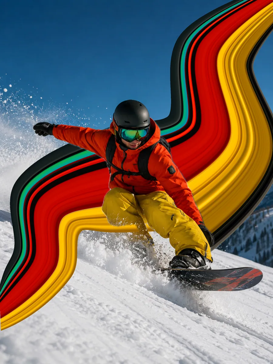 Pixel stretch effect on a snowboarder with a curving rainbow ribbon