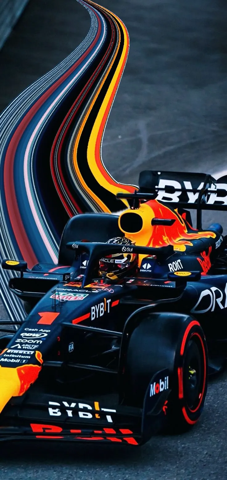 Pixel stretch effect on a Formula 1 car with a colorful ribbon of motion
